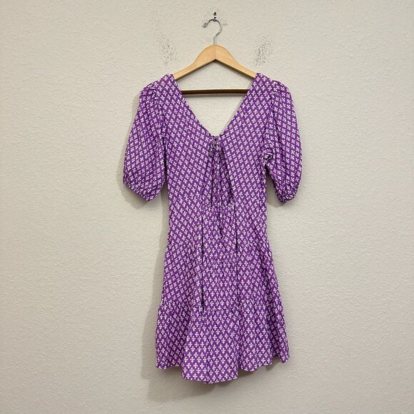 NWOT XIRENA Puff-Sleeve Nissa Babydoll Mini Dress in Purple Clover Print - Picture 8 of 15